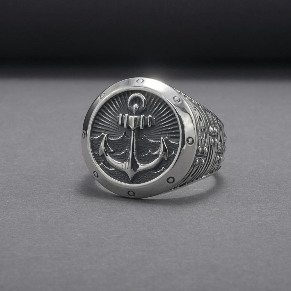 Handcrafted Anchor Crest Signet Ring - Sterling Silver