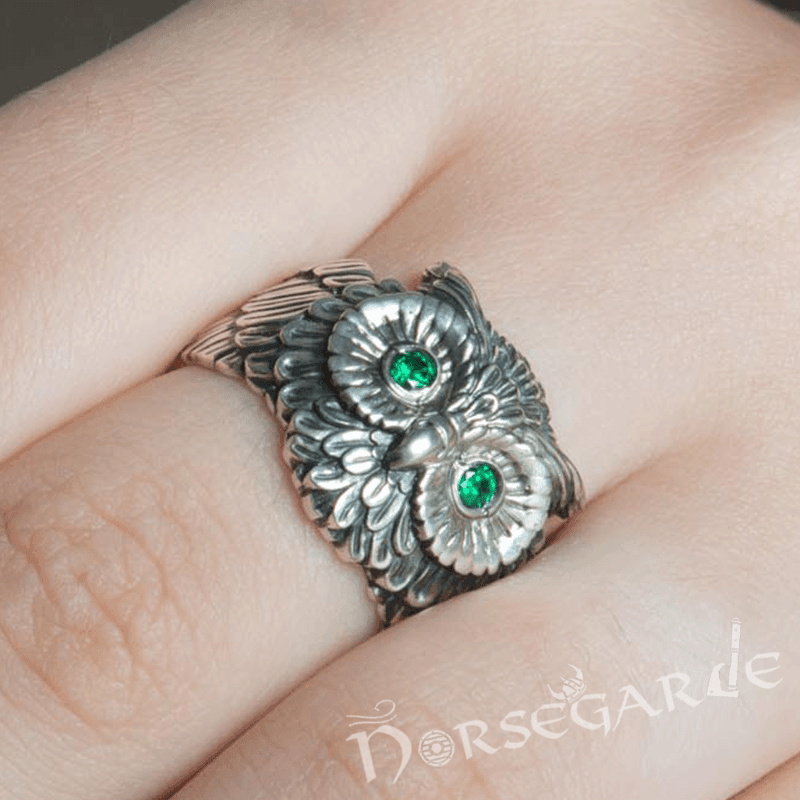 Handcrafted Gemmed Owl Ring - Sterling Silver