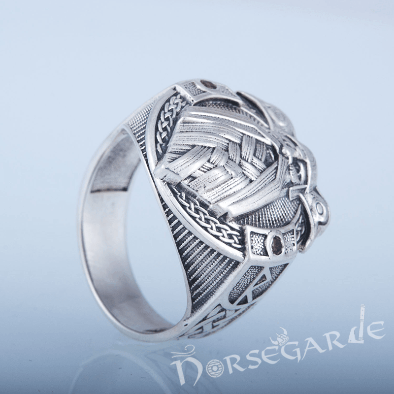 Handcrafted Odin and Ravens Ring - Sterling Silver
