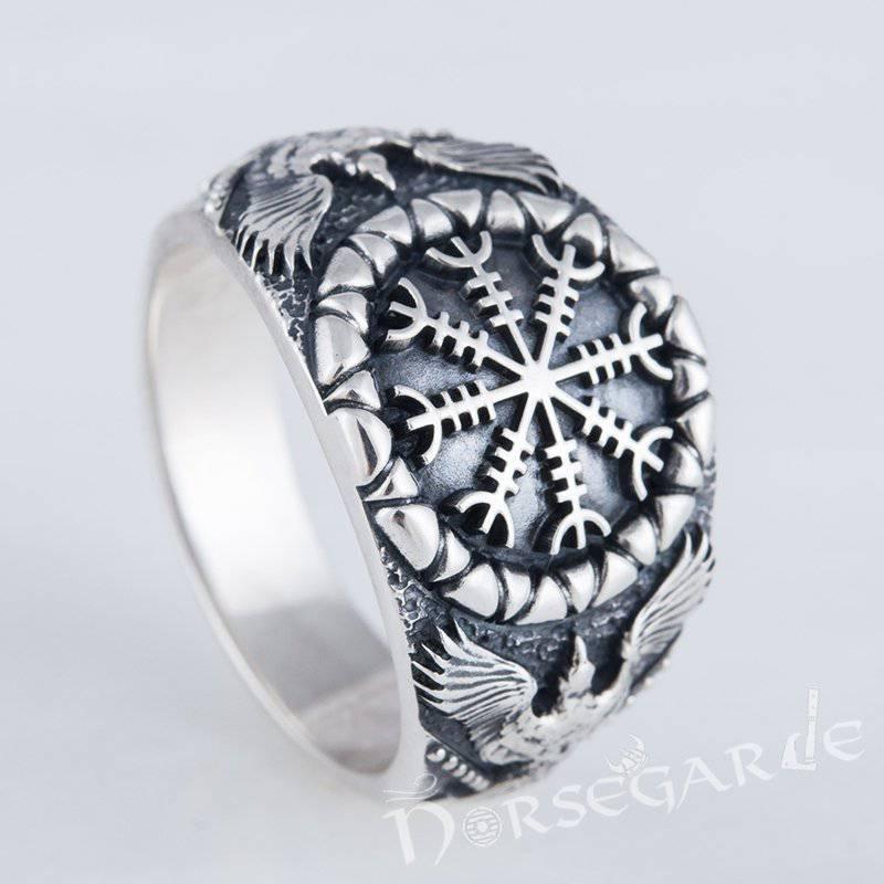 Handcrafted Ravens and Helm of Awe Ring - Sterling Silver
