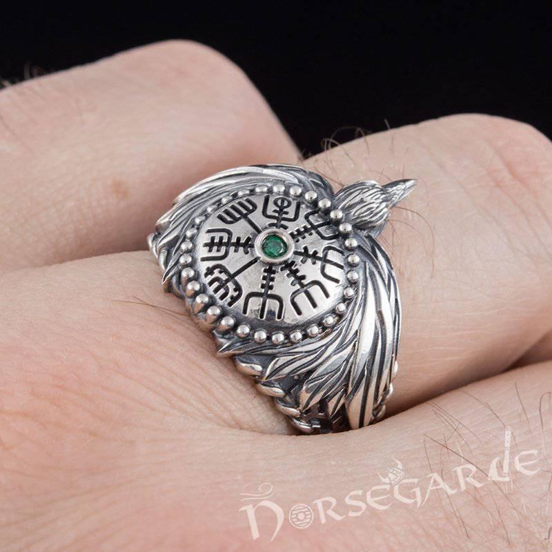 Handcrafted Vegvisir Raven's Flight Ring - Sterling Silver