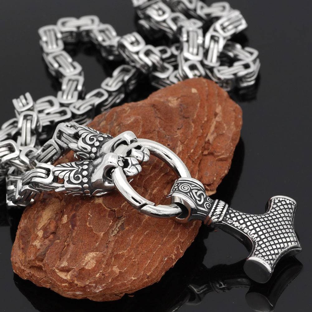 Animal Bite Ring Heavy Chain with Mjölnir - Stainless Steel
