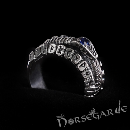 Handcrafted Jormungandr and Rune Wheel Ring - Sterling Silver and Sapphire