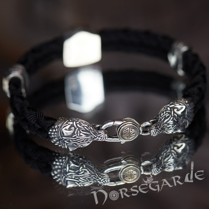 Handcrafted Odin and Wolves Silk Bracelet - Sterling Silver and Brass