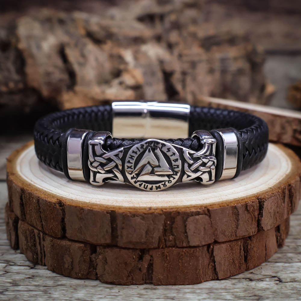 Valknut Rune Thick Leather Bracelet