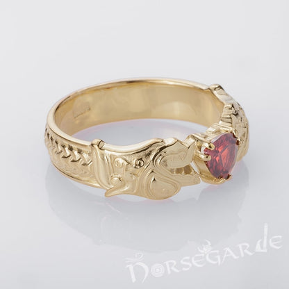Handcrafted Odin's Wolves Gemmed Band - Gold with Garnet