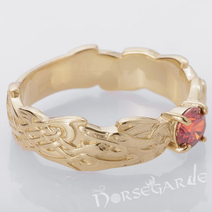 Handcrafted Dragon Ornament Band - Gold with Garnet