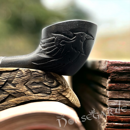 Handcarved Raven Smoking Pipe with Silver Inlay and Stand - Ebony