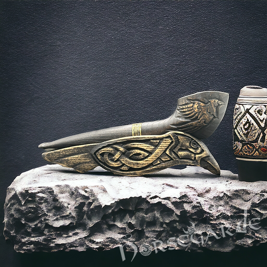 Handcarved Raven Smoking Pipe with Brass Inlay and Stand - Ash