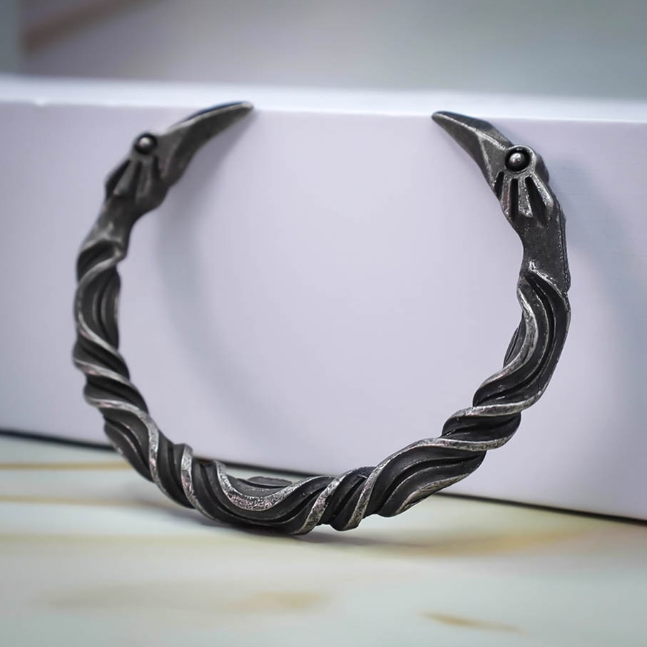 Rustic Raven Head Torc Bracelet - Stainless Steel