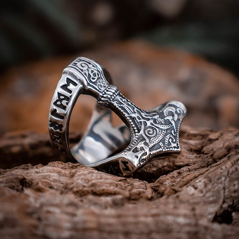 Thor's Hammer Runed Ring - Stainless Steel