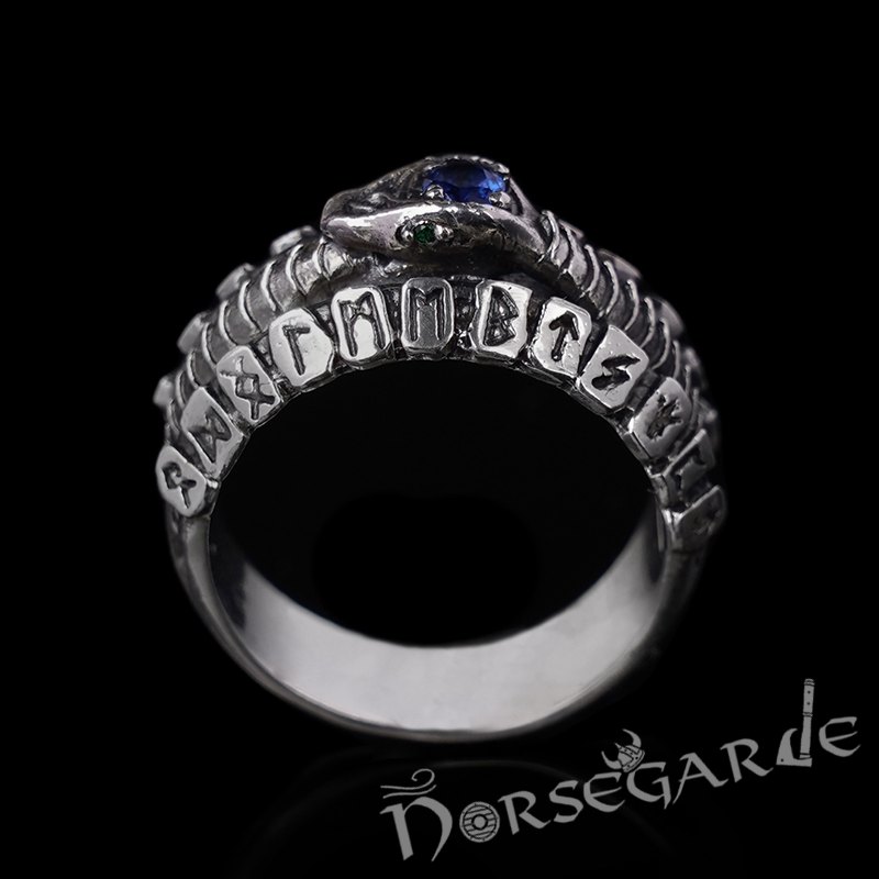 Handcrafted Jormungandr and Rune Wheel Ring - Sterling Silver and Sapphire