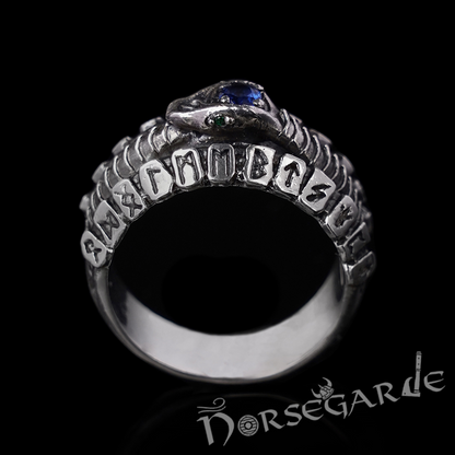 Handcrafted Jormungandr and Rune Wheel Ring - Sterling Silver and Sapphire