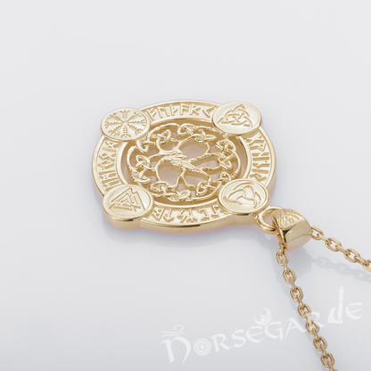 Handcrafted Rune Circle with Entwined Yggdrasil - Gold