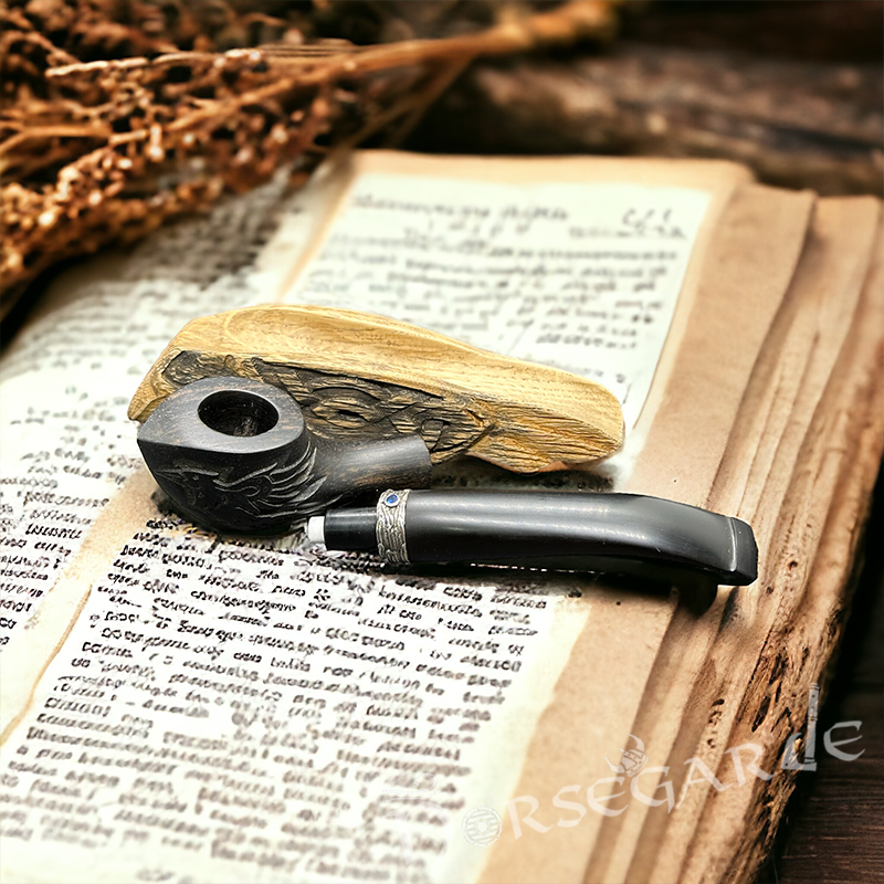 Handcarved Raven Smoking Pipe with Silver Inlay and Stand - Ebony