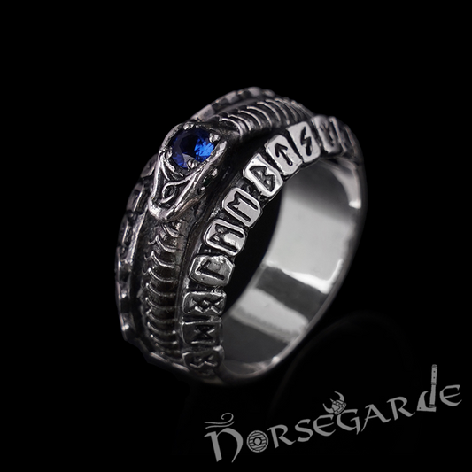 Handcrafted Jormungandr and Rune Wheel Ring - Sterling Silver and Sapphire