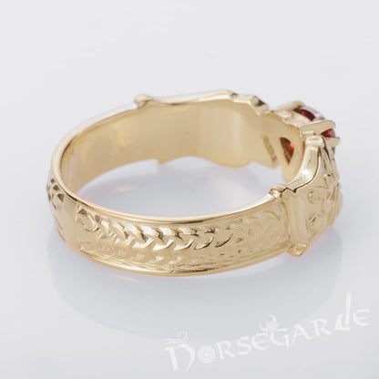 Handcrafted Odin's Wolves Gemmed Band - Gold with Garnet