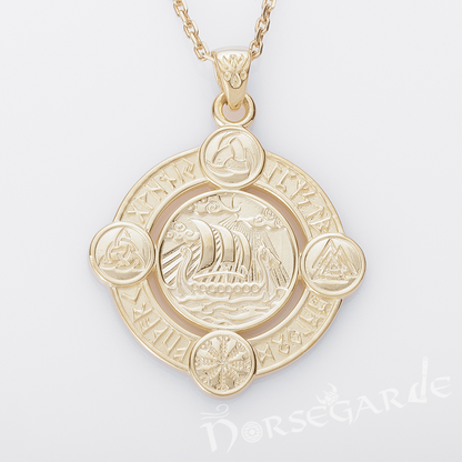 Handcrafted Rune Circle with Viking Drakkar - Gold
