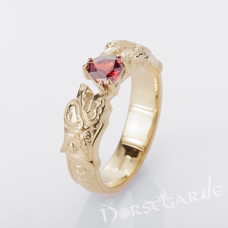 Handcrafted Odin's Wolves Gemmed Band - Gold with Garnet