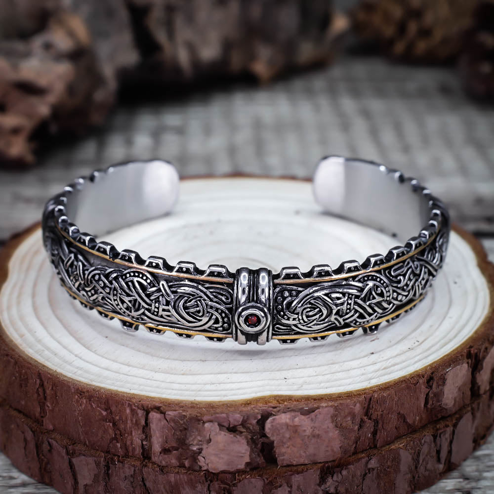 Golden Guardian Dragon Mammen Cuff Bangle - Stainless Steel