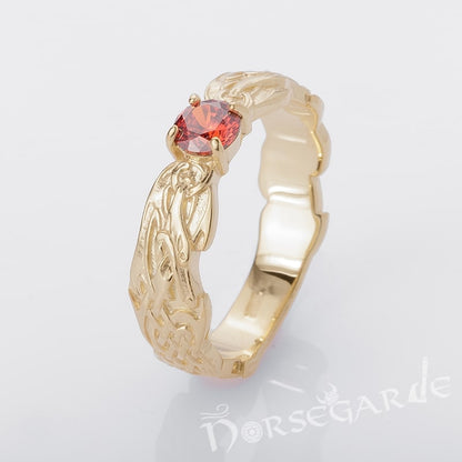 Handcrafted Dragon Ornament Band - Gold with Garnet