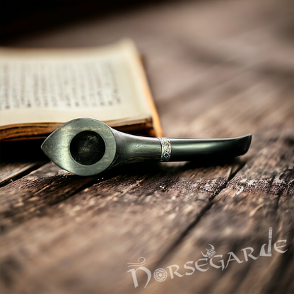 Handcarved Raven Smoking Pipe with Silver Inlay and Stand - Ebony