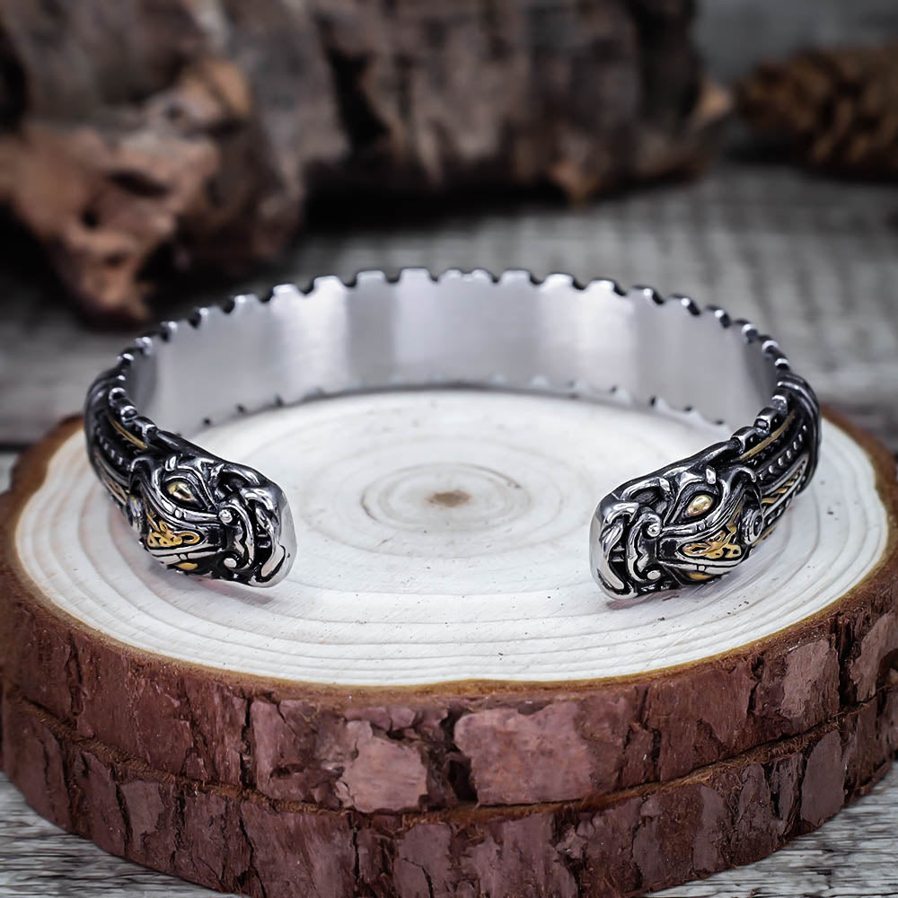 Golden Guardian Dragon Mammen Cuff Bangle - Stainless Steel