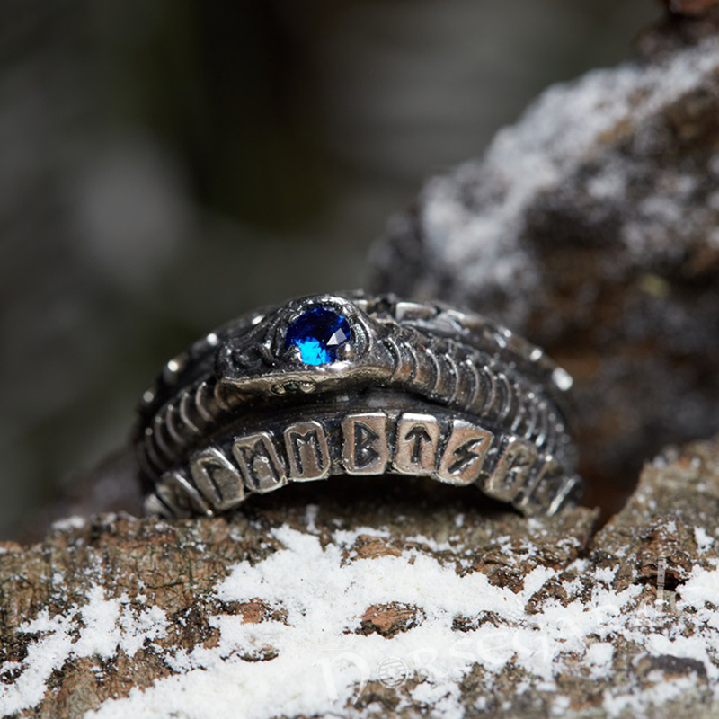 Handcrafted Jormungandr and Rune Wheel Ring - Sterling Silver and Sapphire