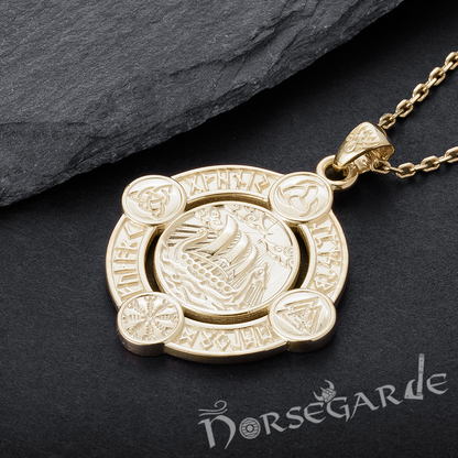 Handcrafted Rune Circle with Viking Drakkar - Gold
