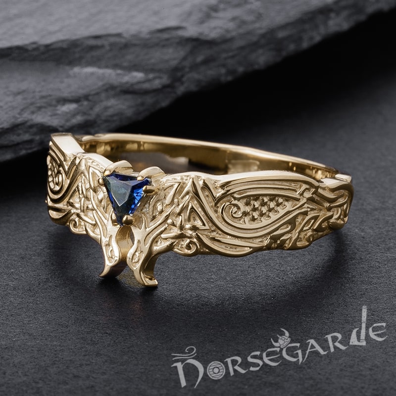 Handcrafted Celtic Ravens Gemmed Band - Gold with Gem
