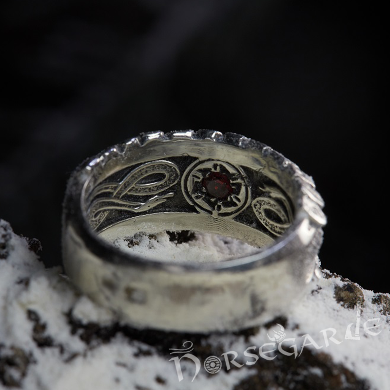 Handcrafted Jormungandr and Rune Wheel Ring - Sterling Silver and Sapphire