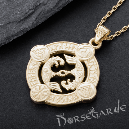 Handcrafted Rune Circle with Ravens - Gold