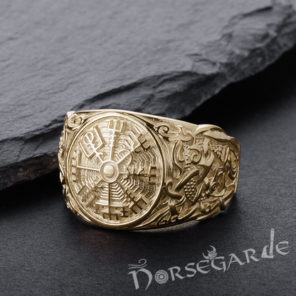 Handcrafted Vegvisir Rune Mammen Style Ring - Gold