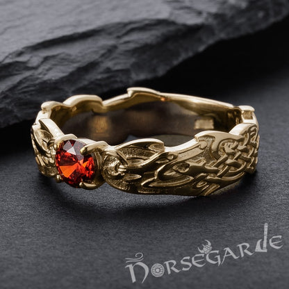 Handcrafted Dragon Ornament Band - Gold with Garnet
