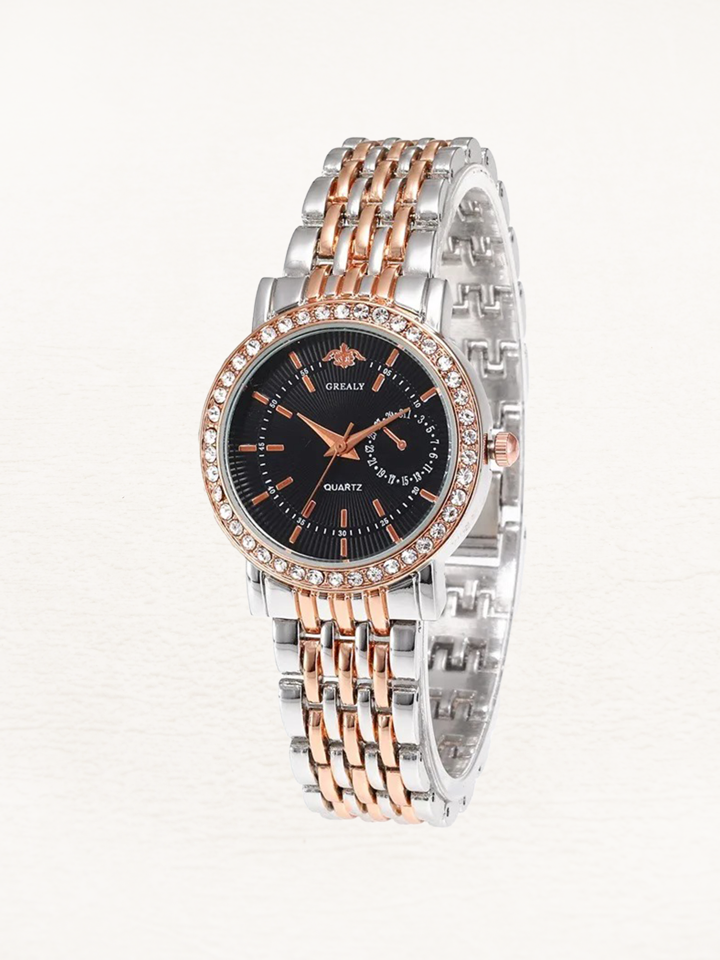 Benthe Stainless steel women's watch with rose gold-silver black cubic zirconia