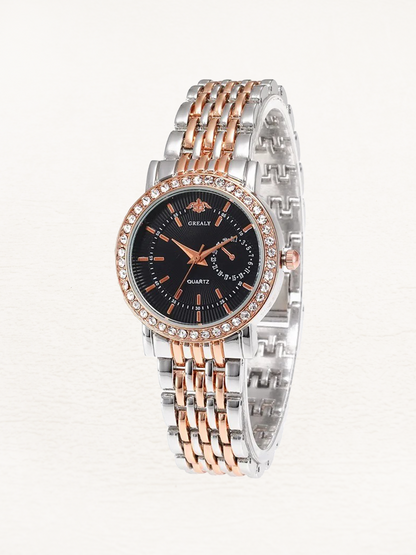 Benthe Stainless steel women's watch with rose gold-silver black cubic zirconia