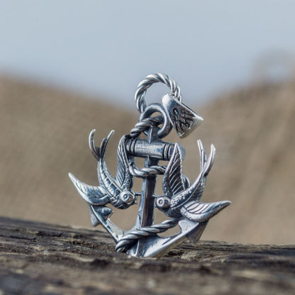 Handcrafted Anchor & Swallows Pendant - Sterling Silver