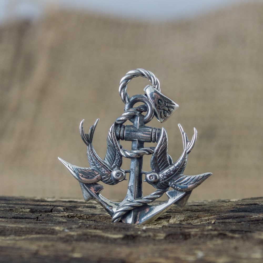 Handcrafted Anchor & Swallows Pendant - Sterling Silver