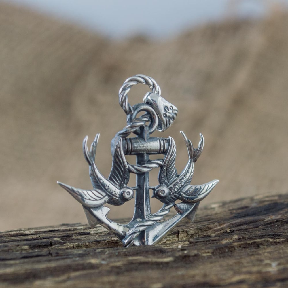 Handcrafted Anchor & Swallows Pendant - Sterling Silver