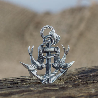 Handcrafted Anchor & Swallows Pendant - Sterling Silver