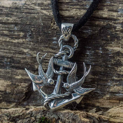 Handcrafted Anchor & Swallows Pendant - Sterling Silver