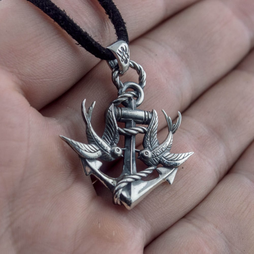 Handcrafted Anchor & Swallows Pendant - Sterling Silver