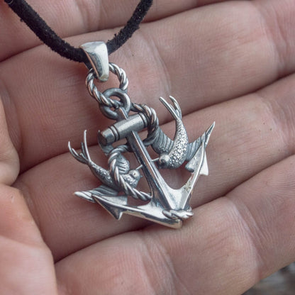 Handcrafted Anchor & Swallows Pendant - Sterling Silver
