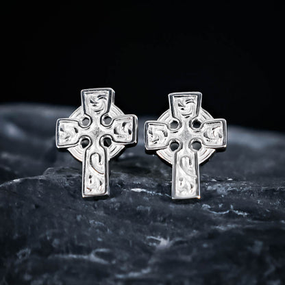 Ornamental Celtic Cross Stud Earrings - Sterling Silver