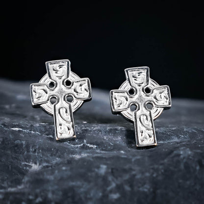 Ornamental Celtic Cross Stud Earrings - Sterling Silver