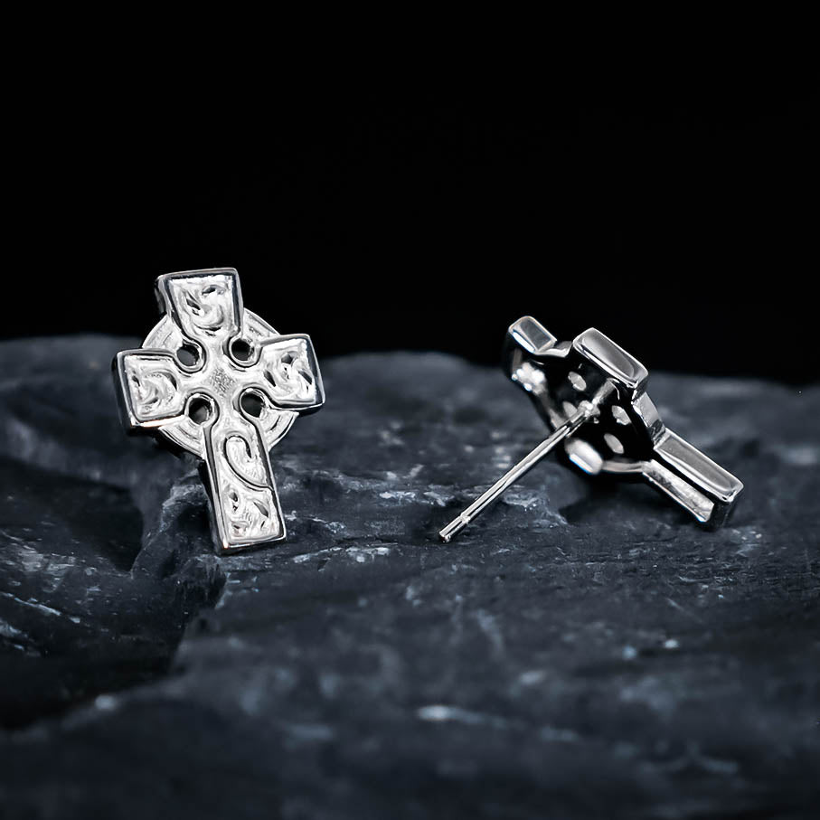Ornamental Celtic Cross Stud Earrings - Sterling Silver