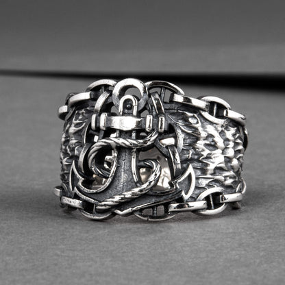 Handcrafted Anchor Chain Ring - Sterling Silver