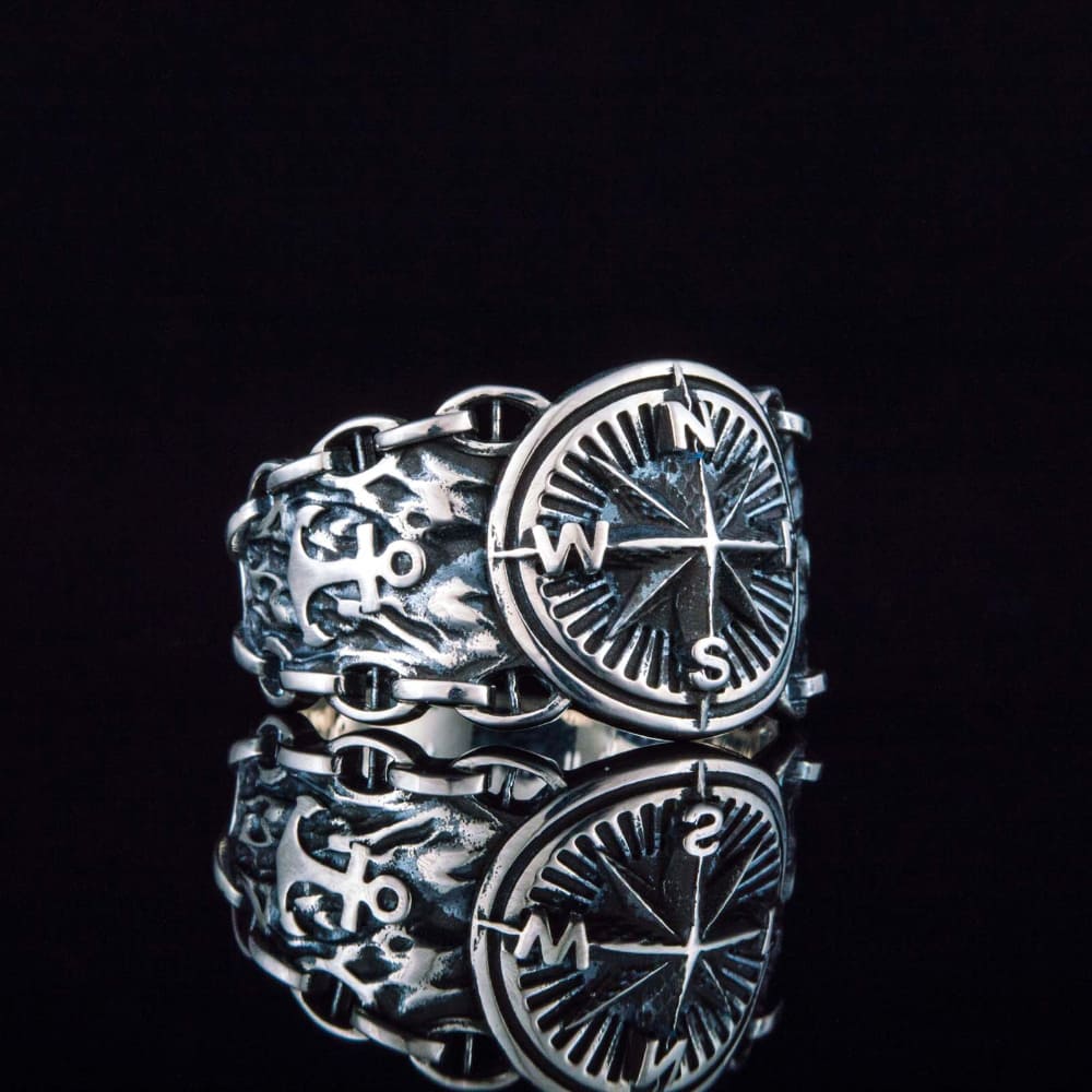 Handcrafted Compass and Anchor Ring - Sterling Silver