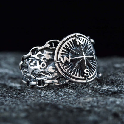 Handcrafted Compass and Anchor Ring - Sterling Silver