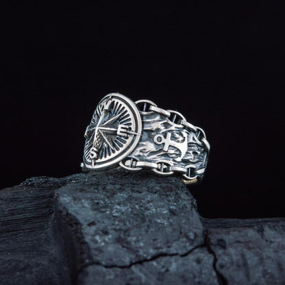 Handcrafted Compass and Anchor Ring - Sterling Silver